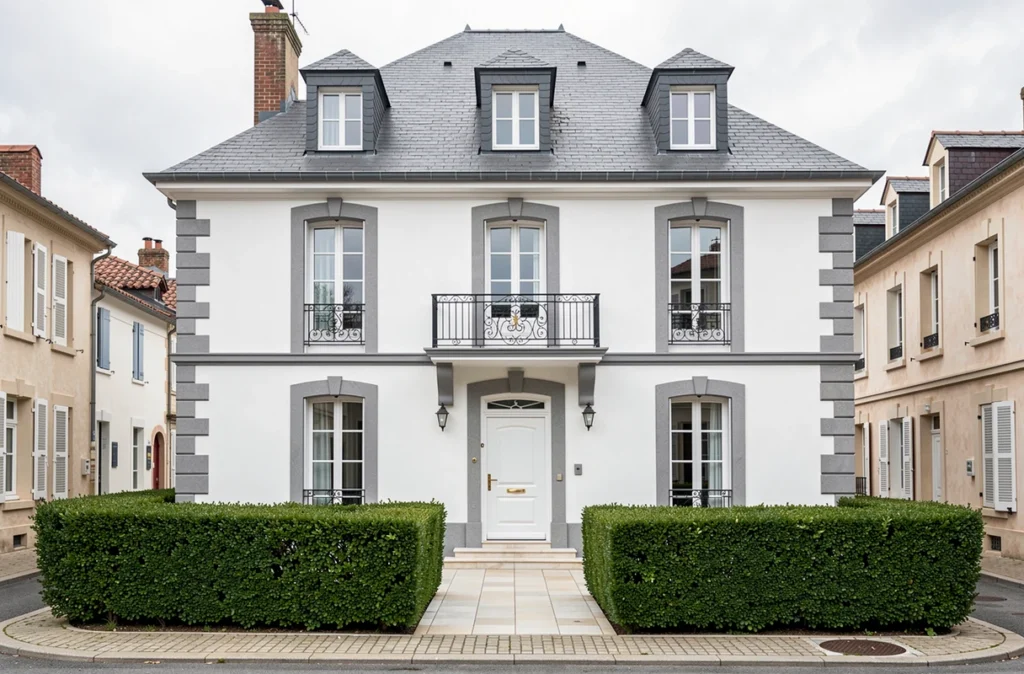 Maison individuelle classique à toiture ardoise et balcons en fer forgé construite par Villas et Maisons de France